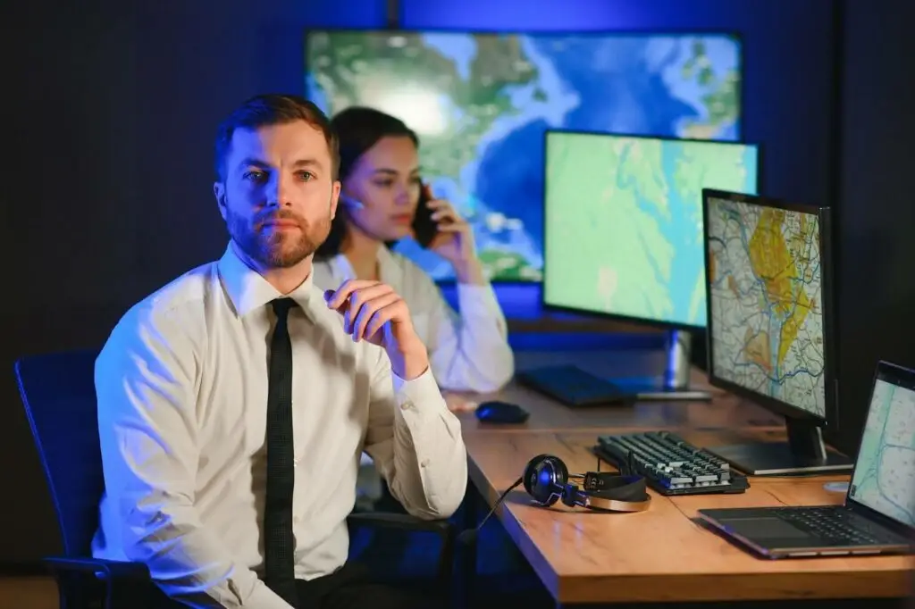 A man in a white shirt and black tie sits at a desk with monitors displaying maps; a woman in the background talks on the phone. The room’s dim lighting and professional vibe hint at advanced Transportation Management Software in use.