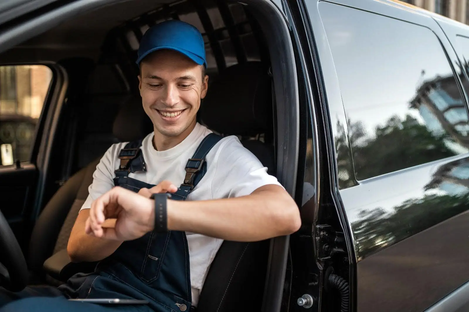 A smiling man in overalls and a blue cap sits in a car with the door open, looking at his smartwatch.