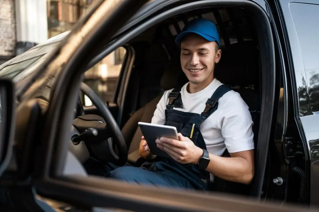 A smiling man in a blue cap and overalls sits in the driver’s seat of a vehicle, looking at a tablet device in his hands, using transportation dispatch software. The driver’s side door is open as he checks important information for his route.
