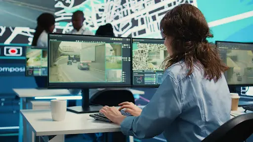 A person sits at a desk monitoring traffic footage and maps using PerGo transportation dispatch software on multiple computer screens in a control room, while several colleagues have a discussion in the background.